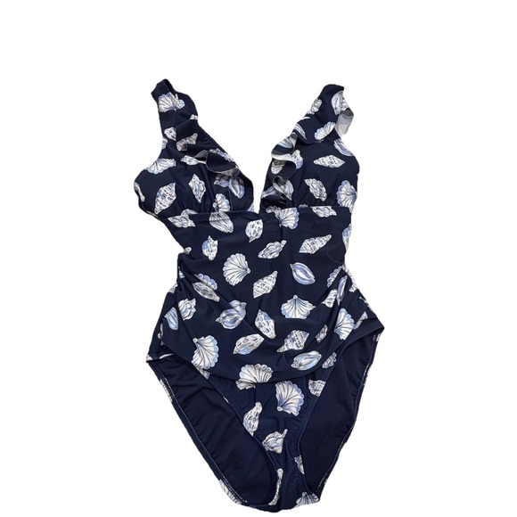 Ellen Tracy One Piece Swimsuit Sz 10 Navy Ruched Ruffle Strap Seashells - Picture 9 of 9
